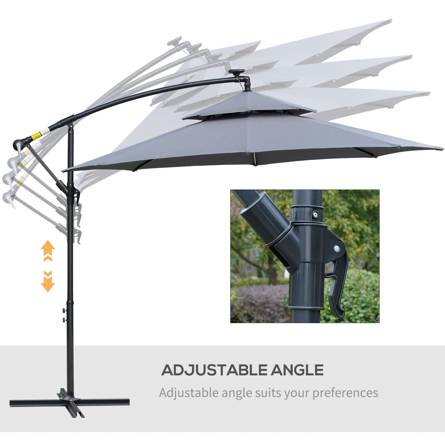 10FT Cantilever Patio Umbrella with Lights Solar Powered Offset Umbrella with Crank and Cross Base for Deck Grey Cantilever Umbrellas   at Gallery Canada