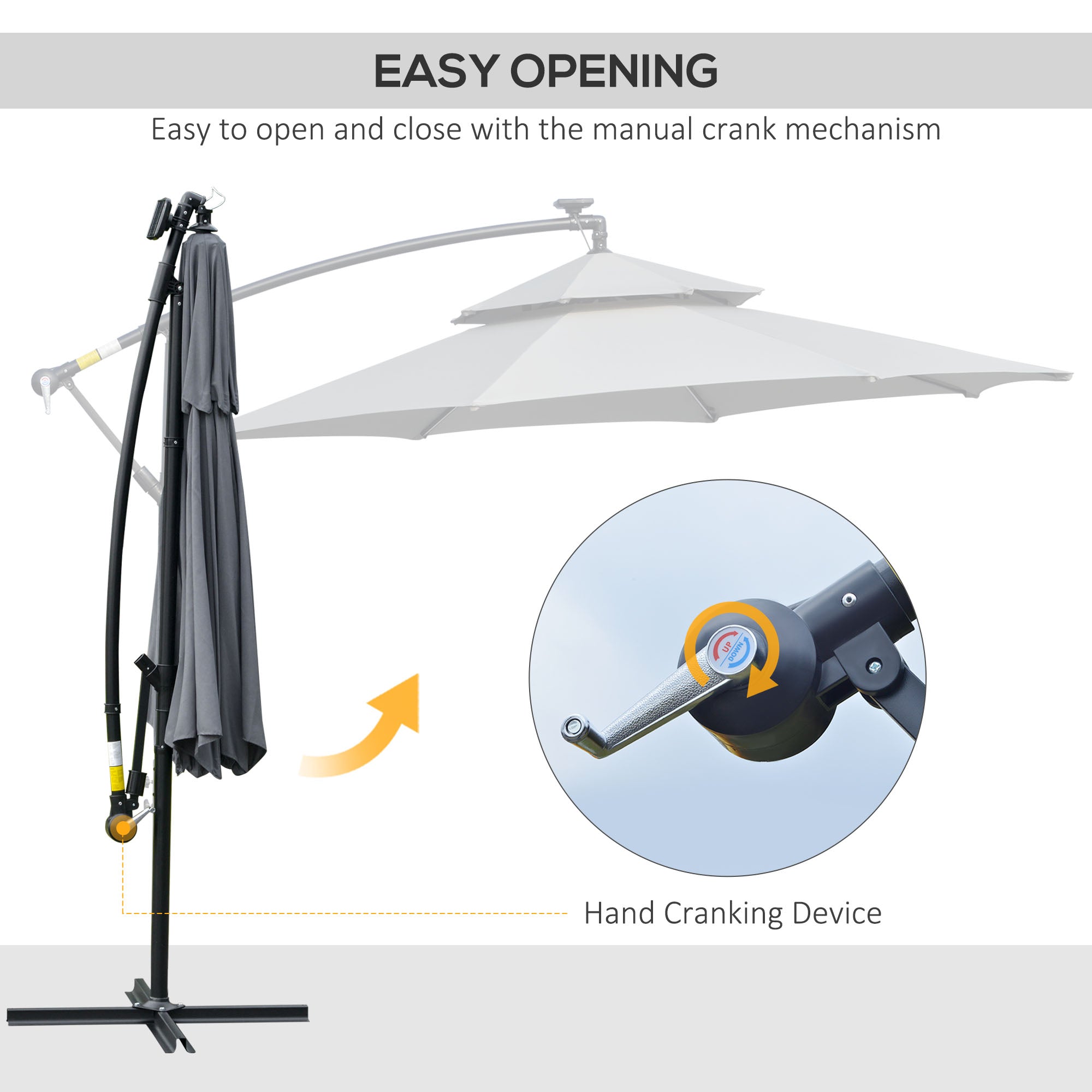 10FT Cantilever Patio Umbrella with Lights Solar Powered Offset Umbrella with Crank and Cross Base for Deck Grey Cantilever Umbrellas   at Gallery Canada