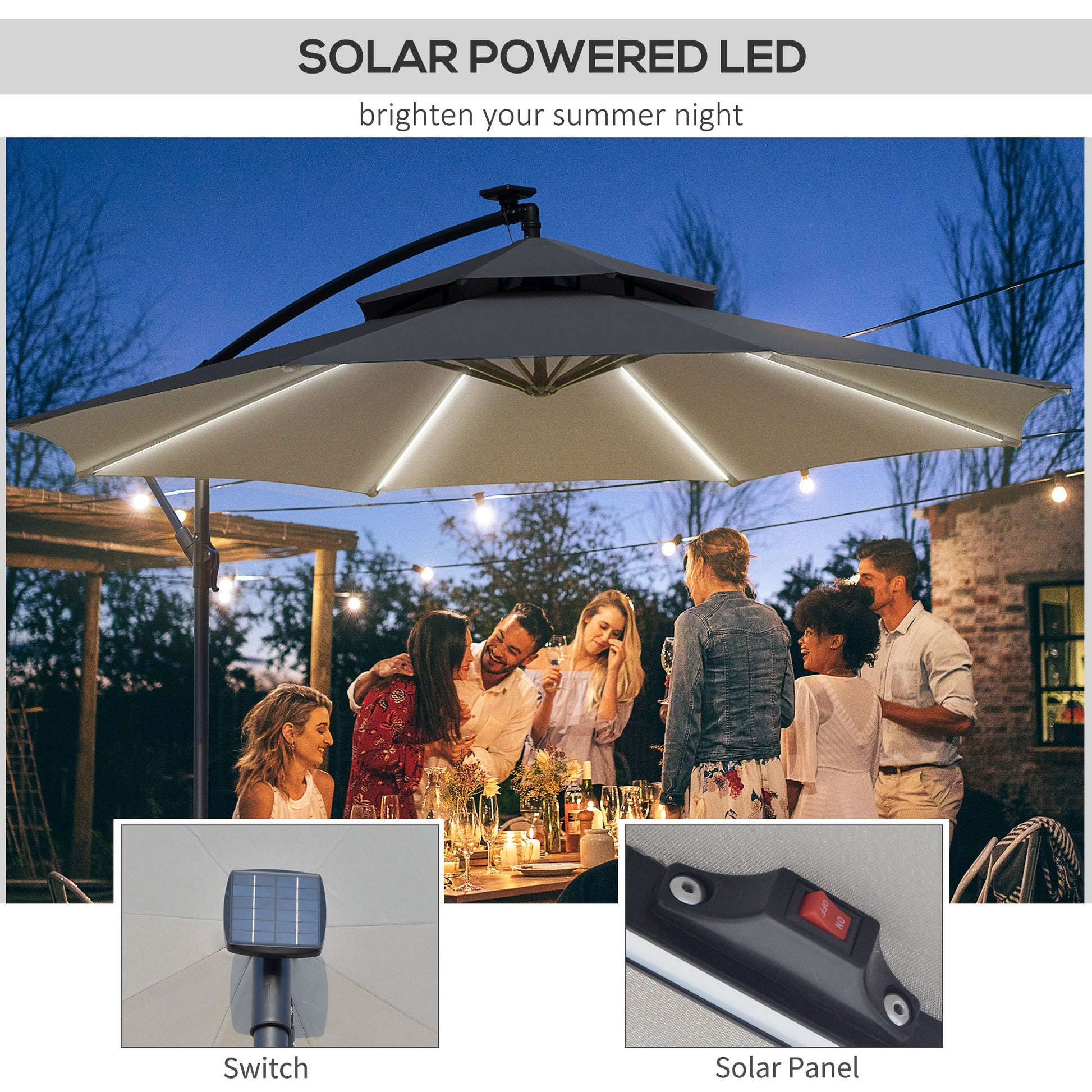 10FT Cantilever Patio Umbrella with Lights Solar Powered Offset Umbrella with Crank and Cross Base for Deck Grey Cantilever Umbrellas   at Gallery Canada