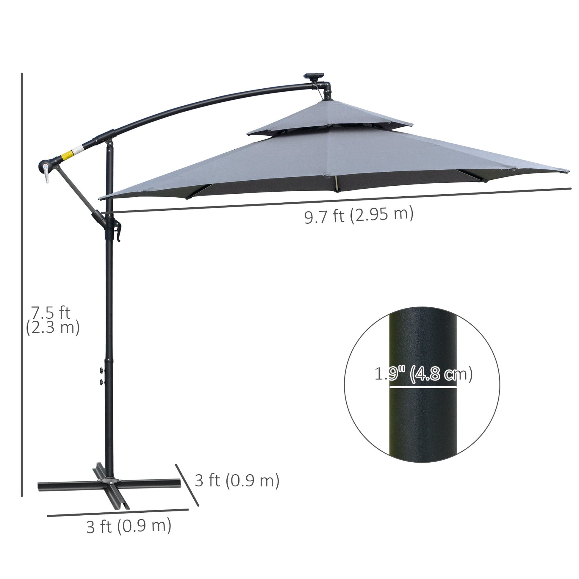 10FT Cantilever Patio Umbrella with Lights Solar Powered Offset Umbrella with Crank and Cross Base for Deck Grey Cantilever Umbrellas   at Gallery Canada