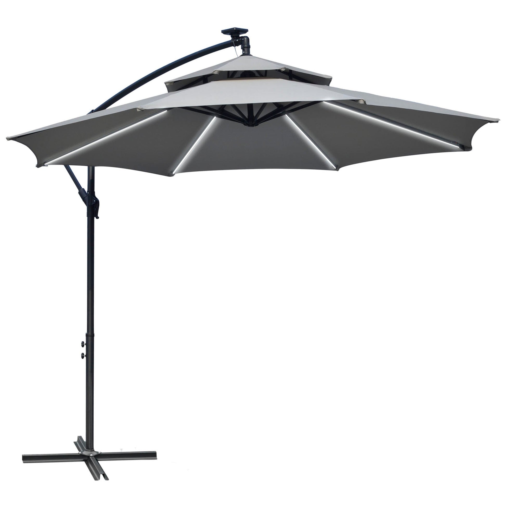 10FT Cantilever Patio Umbrella with Lights Solar Powered Offset Umbrella with Crank and Cross Base for Deck Light Grey Cantilever Umbrellas Multi Colour  at Gallery Canada