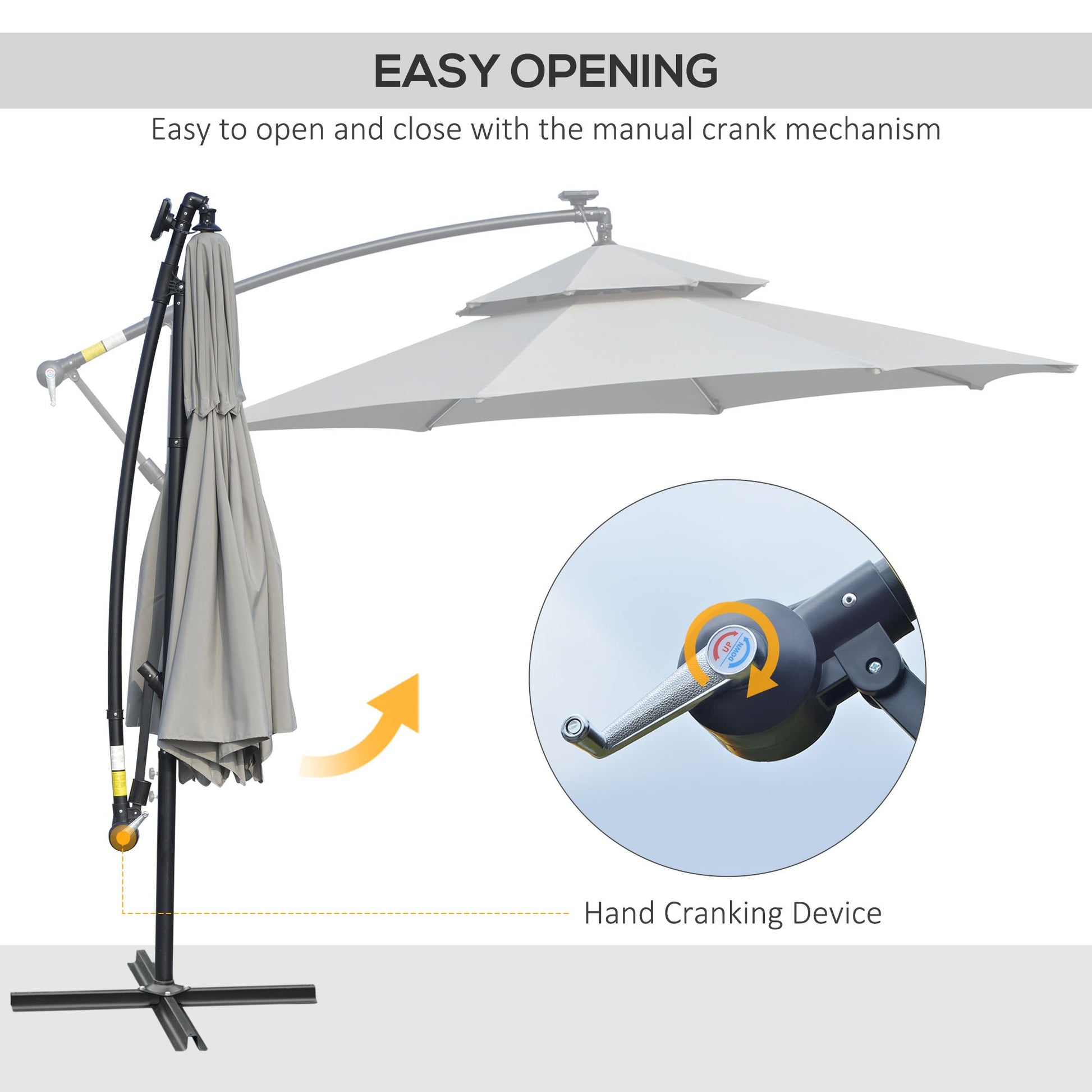 10FT Cantilever Patio Umbrella with Lights Solar Powered Offset Umbrella with Crank and Cross Base for Deck Light Grey Cantilever Umbrellas   at Gallery Canada