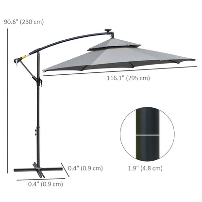 10FT Cantilever Patio Umbrella with Lights Solar Powered Offset Umbrella with Crank and Cross Base for Deck Light Grey Cantilever Umbrellas   at Gallery Canada