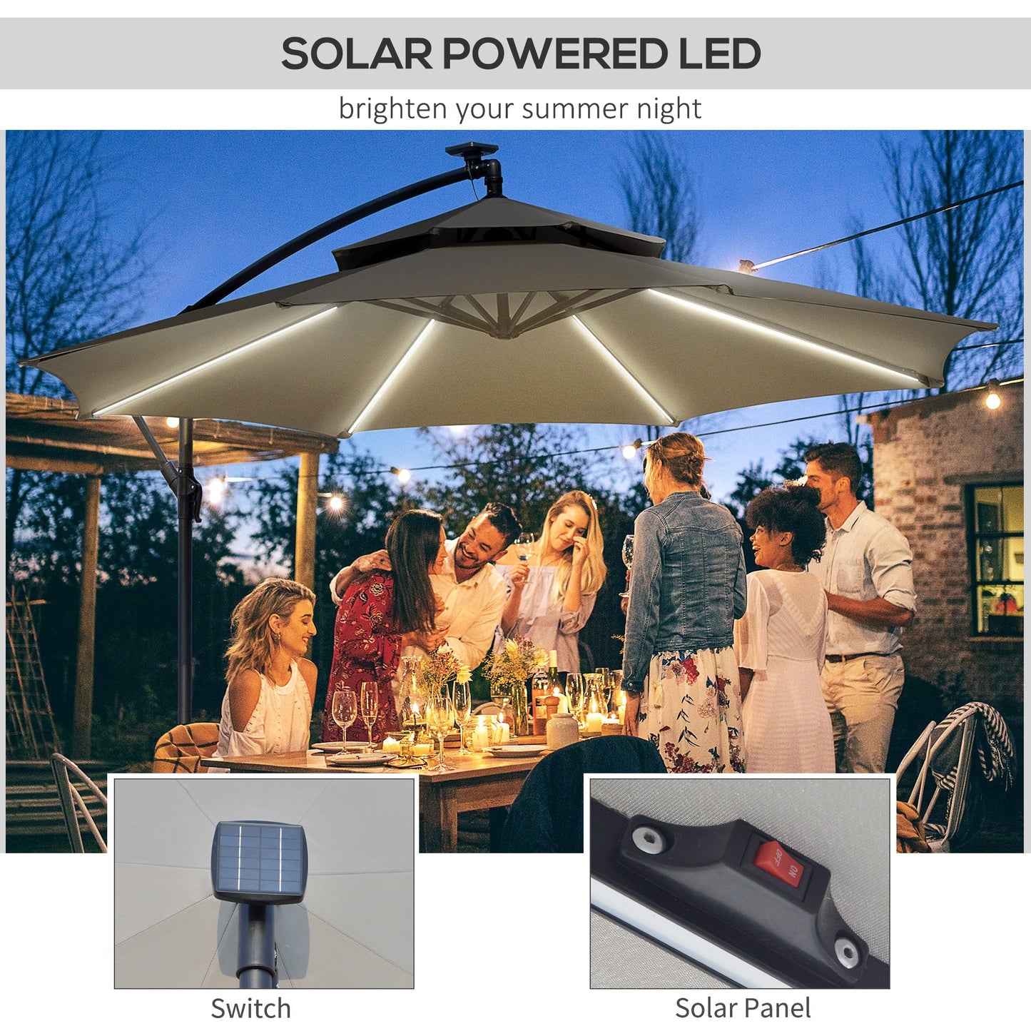 10FT Cantilever Patio Umbrella with Lights Solar Powered Offset Umbrella with Crank and Cross Base for Deck Light Grey Cantilever Umbrellas   at Gallery Canada