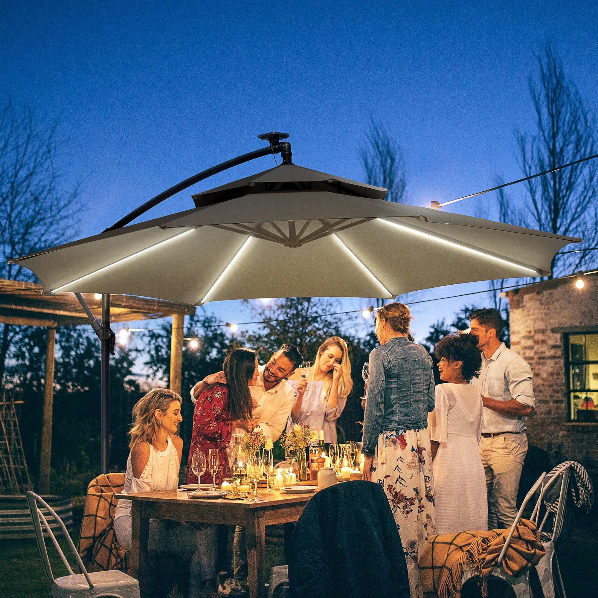 10FT Cantilever Patio Umbrella with Lights Solar Powered Offset Umbrella with Crank and Cross Base for Deck Light Grey Cantilever Umbrellas   at Gallery Canada