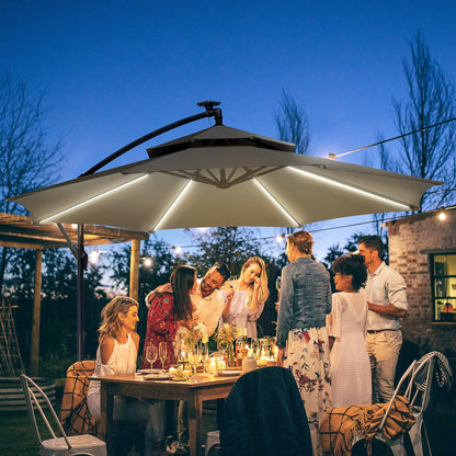 10FT Cantilever Patio Umbrella with Lights Solar Powered Offset Umbrella with Crank and Cross Base for Deck Light Grey Cantilever Umbrellas   at Gallery Canada