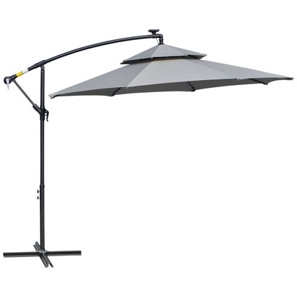 10FT Cantilever Patio Umbrella with Lights Solar Powered Offset Umbrella with Crank and Cross Base for Deck Light Grey Cantilever Umbrellas   at Gallery Canada