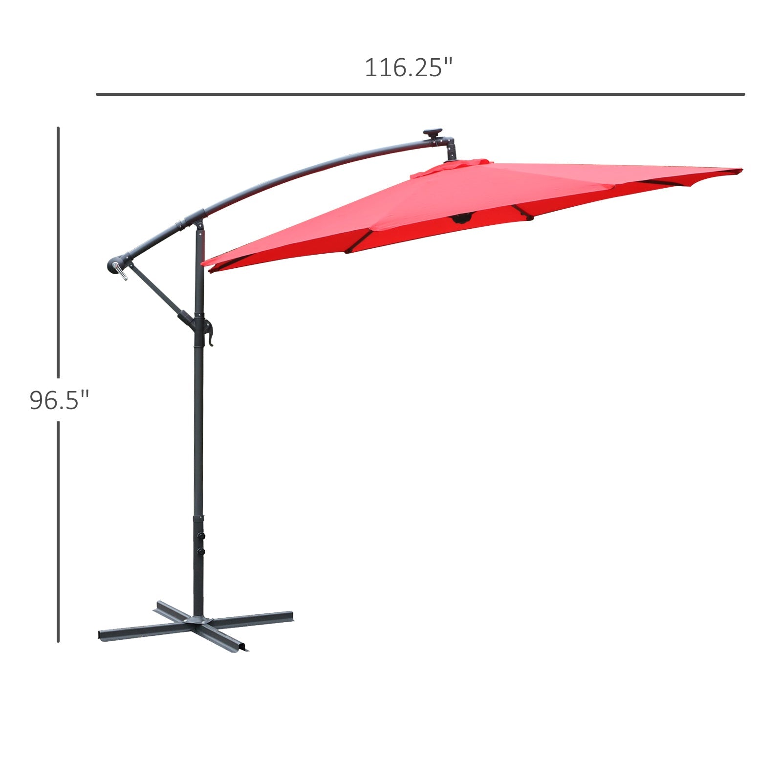 10ft Cantilever Solar Hanging Offset Umbrella Outdoor LED Lights Aluminum Market Banana Parasol Crank w/ Cross Base Garden Sun Shelter Red Cantilever Umbrellas   at Gallery Canada