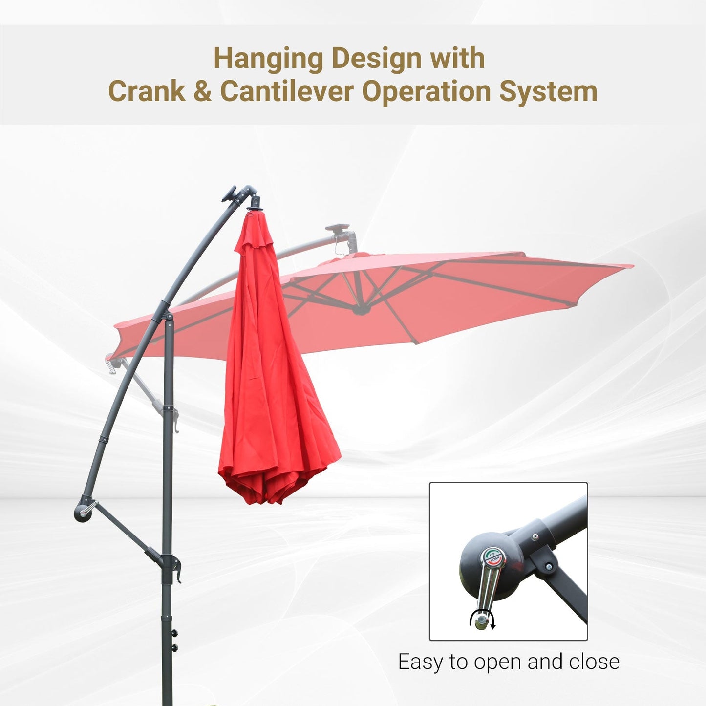 10ft Cantilever Solar Hanging Offset Umbrella Outdoor LED Lights Aluminum Market Banana Parasol Crank w/ Cross Base Garden Sun Shelter Red Cantilever Umbrellas   at Gallery Canada