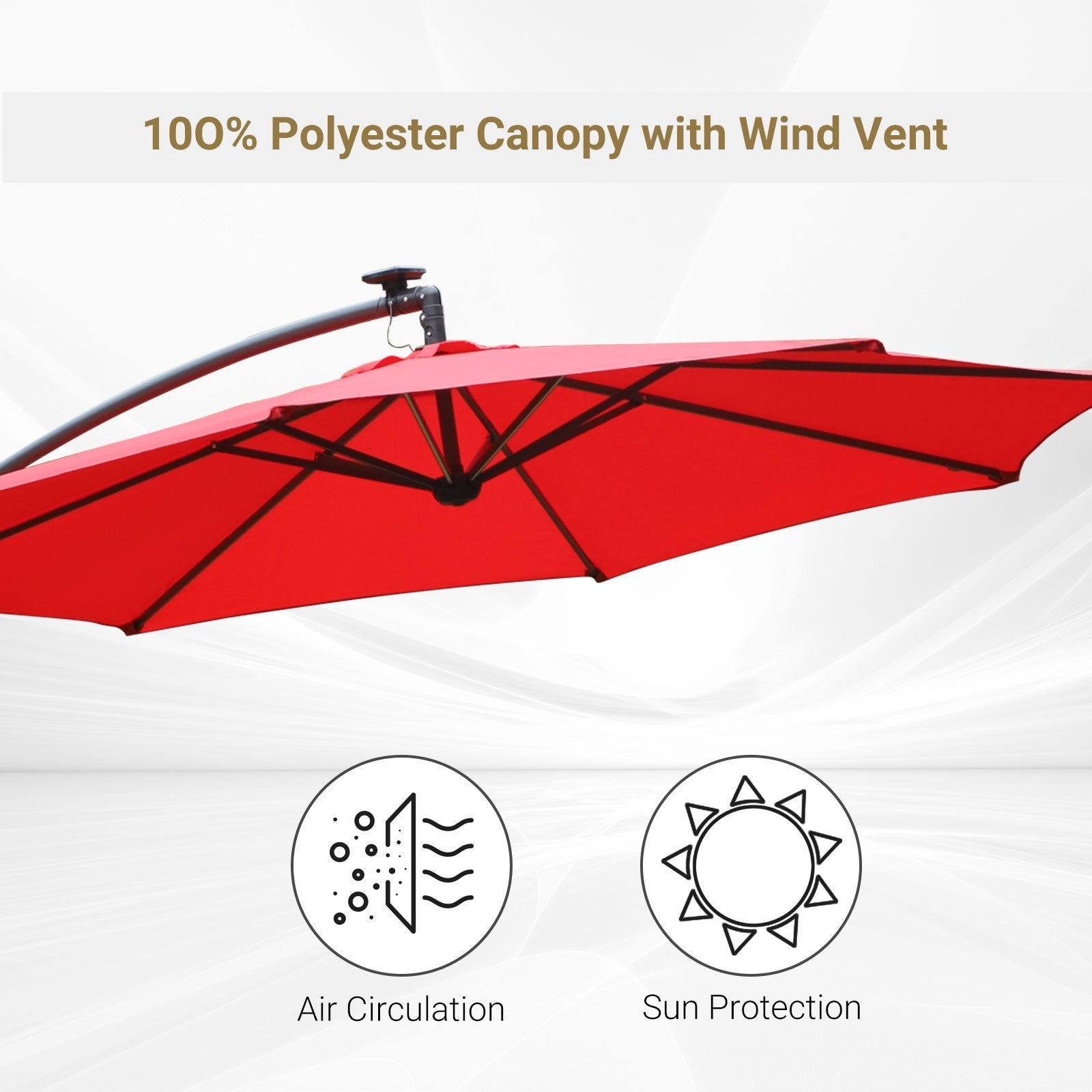 10ft Cantilever Solar Hanging Offset Umbrella Outdoor LED Lights Aluminum Market Banana Parasol Crank w/ Cross Base Garden Sun Shelter Red Cantilever Umbrellas   at Gallery Canada