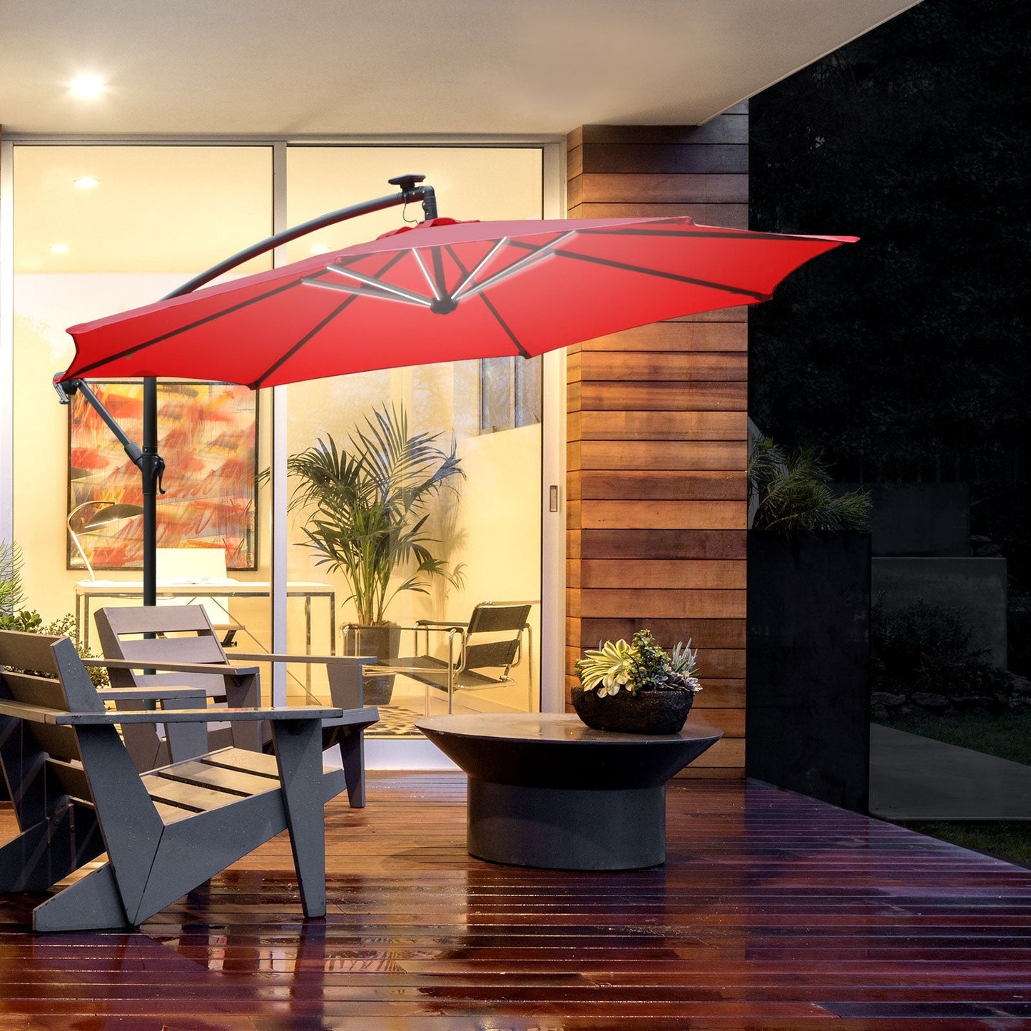 10ft Cantilever Solar Hanging Offset Umbrella Outdoor LED Lights Aluminum Market Banana Parasol Crank w/ Cross Base Garden Sun Shelter Red Cantilever Umbrellas   at Gallery Canada