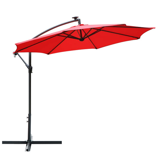 10ft Cantilever Solar Hanging Offset Umbrella Outdoor LED Lights Aluminum Market Banana Parasol Crank w/ Cross Base Garden Sun Shelter Red Cantilever Umbrellas Red  at Gallery Canada