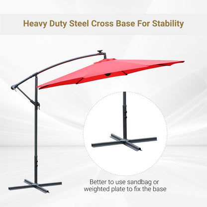 10ft Cantilever Solar Hanging Offset Umbrella Outdoor LED Lights Aluminum Market Banana Parasol Crank w/ Cross Base Garden Sun Shelter Red Cantilever Umbrellas   at Gallery Canada