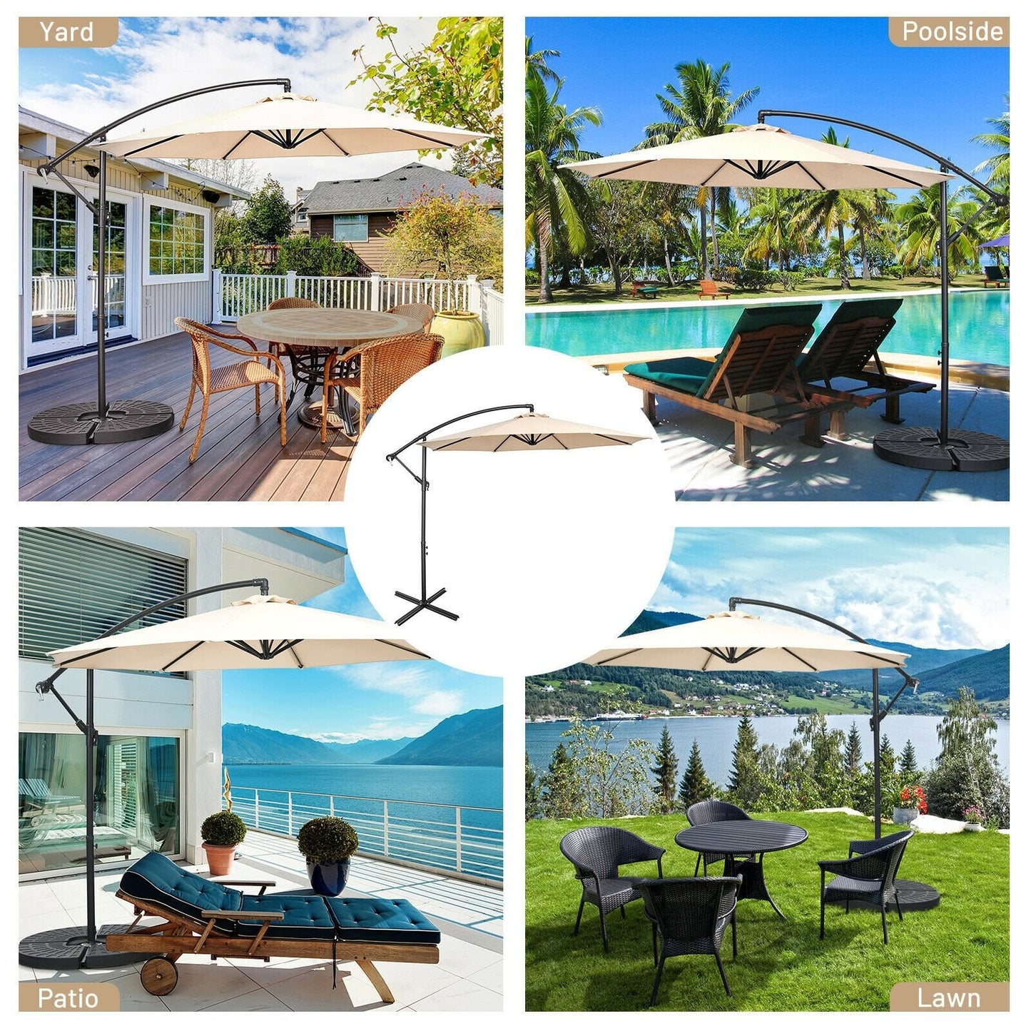 10FT Offset Umbrella with 8 Ribs Cantilever and Cross Base Tilt Adjustment, Beige Outdoor Umbrellas   at Gallery Canada