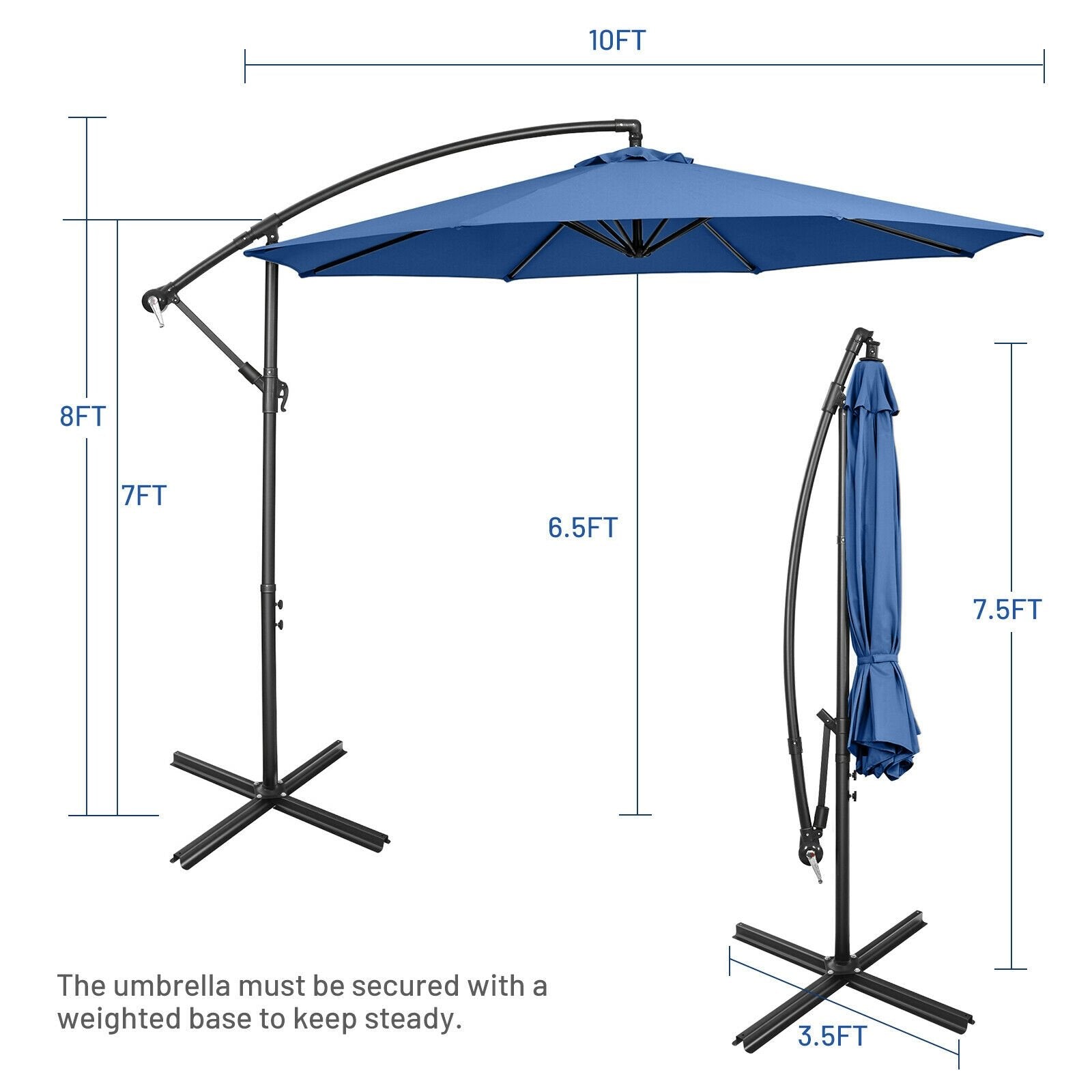 10FT Offset Umbrella with 8 Ribs Cantilever and Cross Base Tilt Adjustment, Blue Outdoor Umbrellas   at Gallery Canada