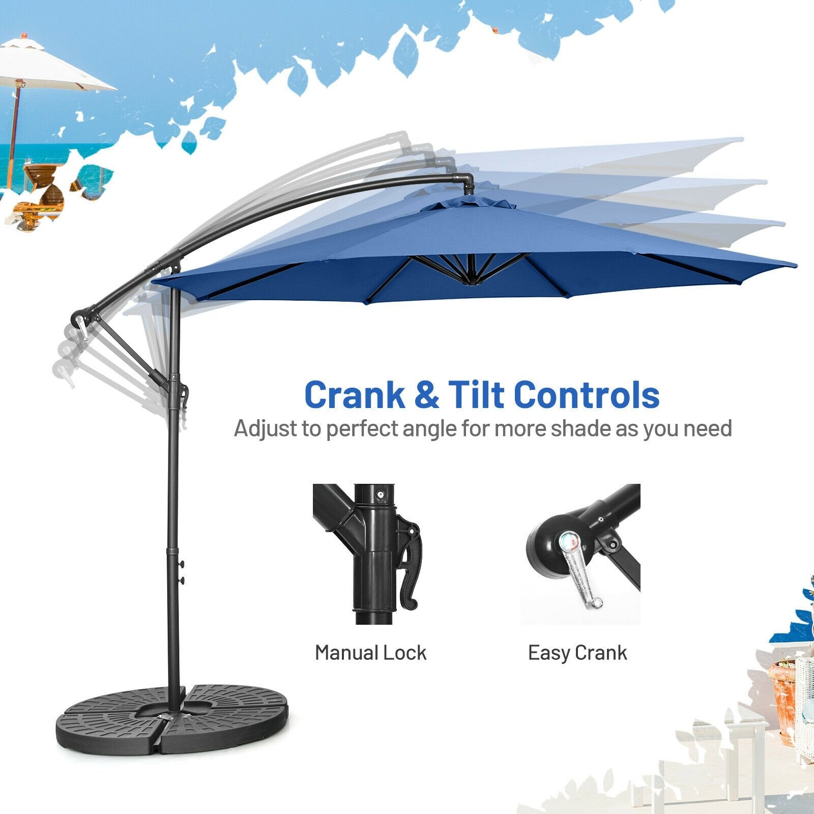 10FT Offset Umbrella with 8 Ribs Cantilever and Cross Base Tilt Adjustment, Blue Outdoor Umbrellas   at Gallery Canada