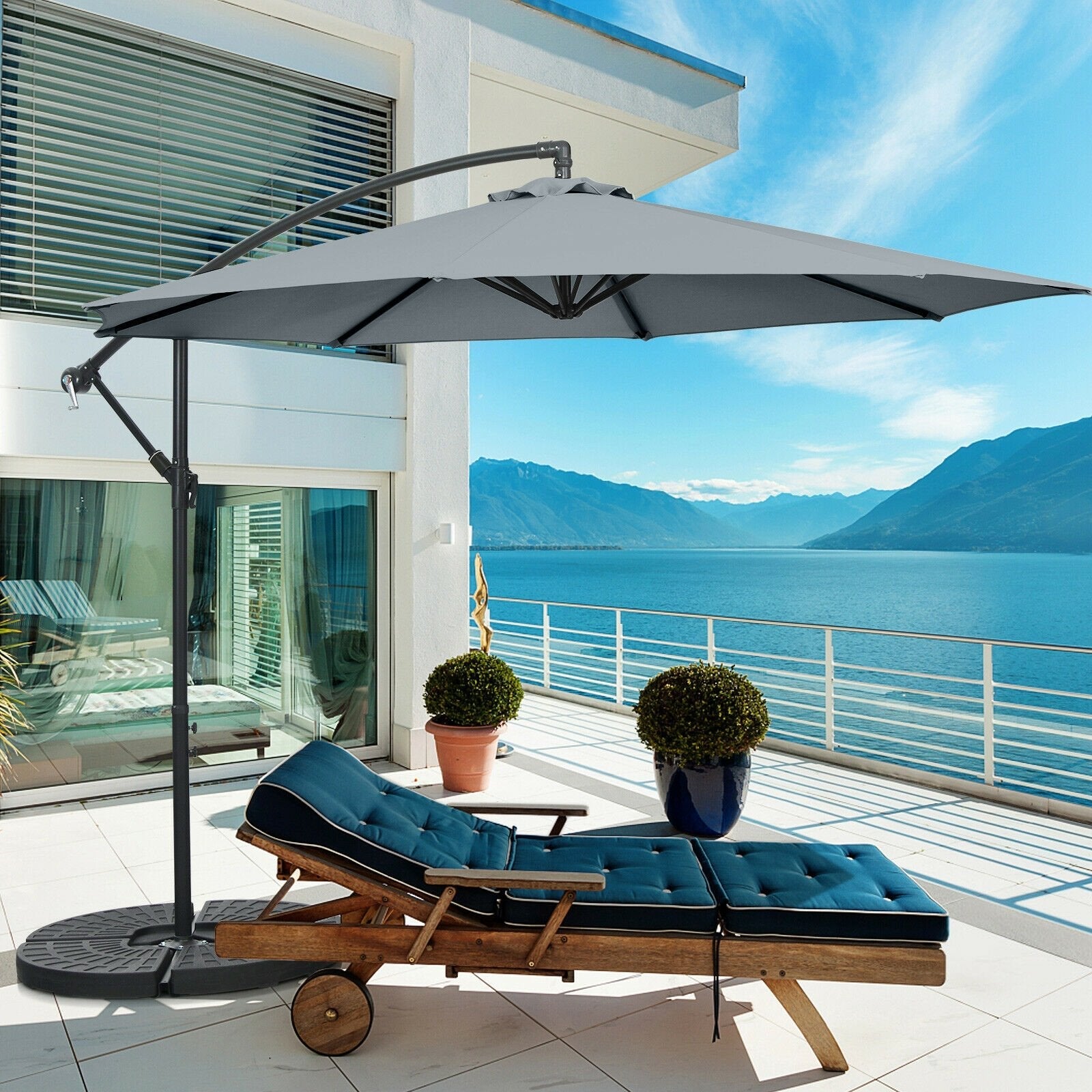 10FT Offset Umbrella with 8 Ribs Cantilever and Cross Base Tilt Adjustment, Gray Outdoor Umbrellas   at Gallery Canada