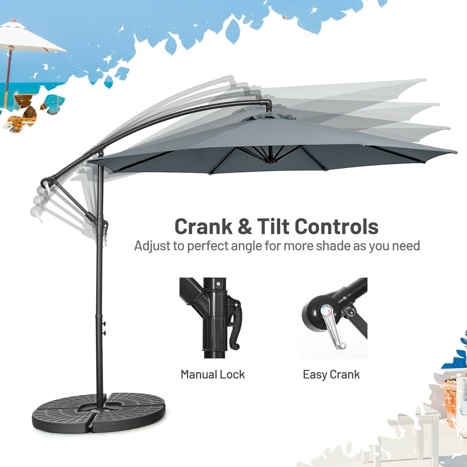 10FT Offset Umbrella with 8 Ribs Cantilever and Cross Base Tilt Adjustment, Gray Outdoor Umbrellas   at Gallery Canada