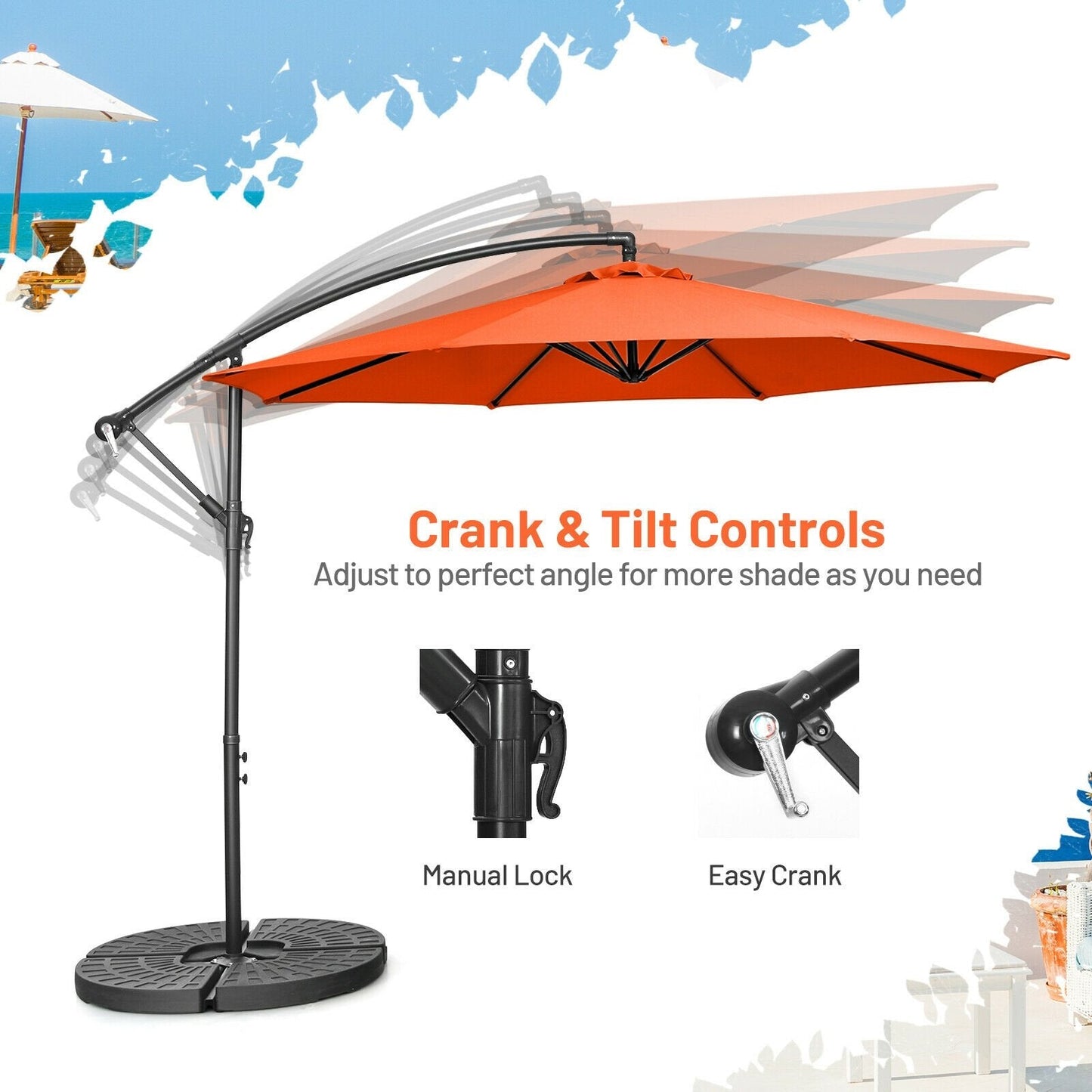 10FT Offset Umbrella with 8 Ribs Cantilever and Cross Base Tilt Adjustment, Orange Outdoor Umbrellas   at Gallery Canada