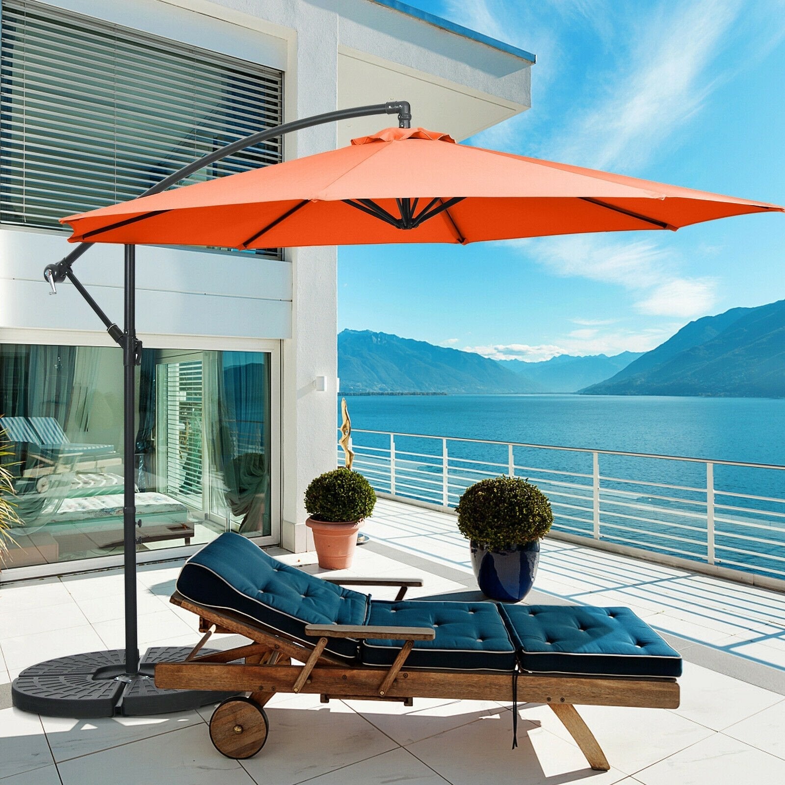 10FT Offset Umbrella with 8 Ribs Cantilever and Cross Base Tilt Adjustment, Orange Outdoor Umbrellas   at Gallery Canada