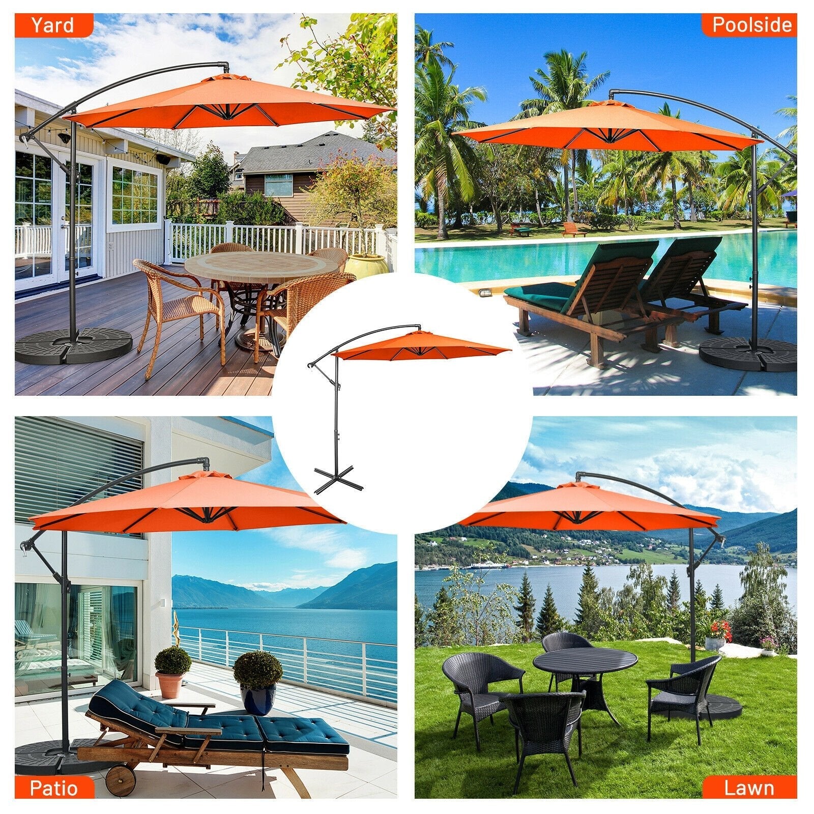 10FT Offset Umbrella with 8 Ribs Cantilever and Cross Base Tilt Adjustment, Orange Outdoor Umbrellas   at Gallery Canada