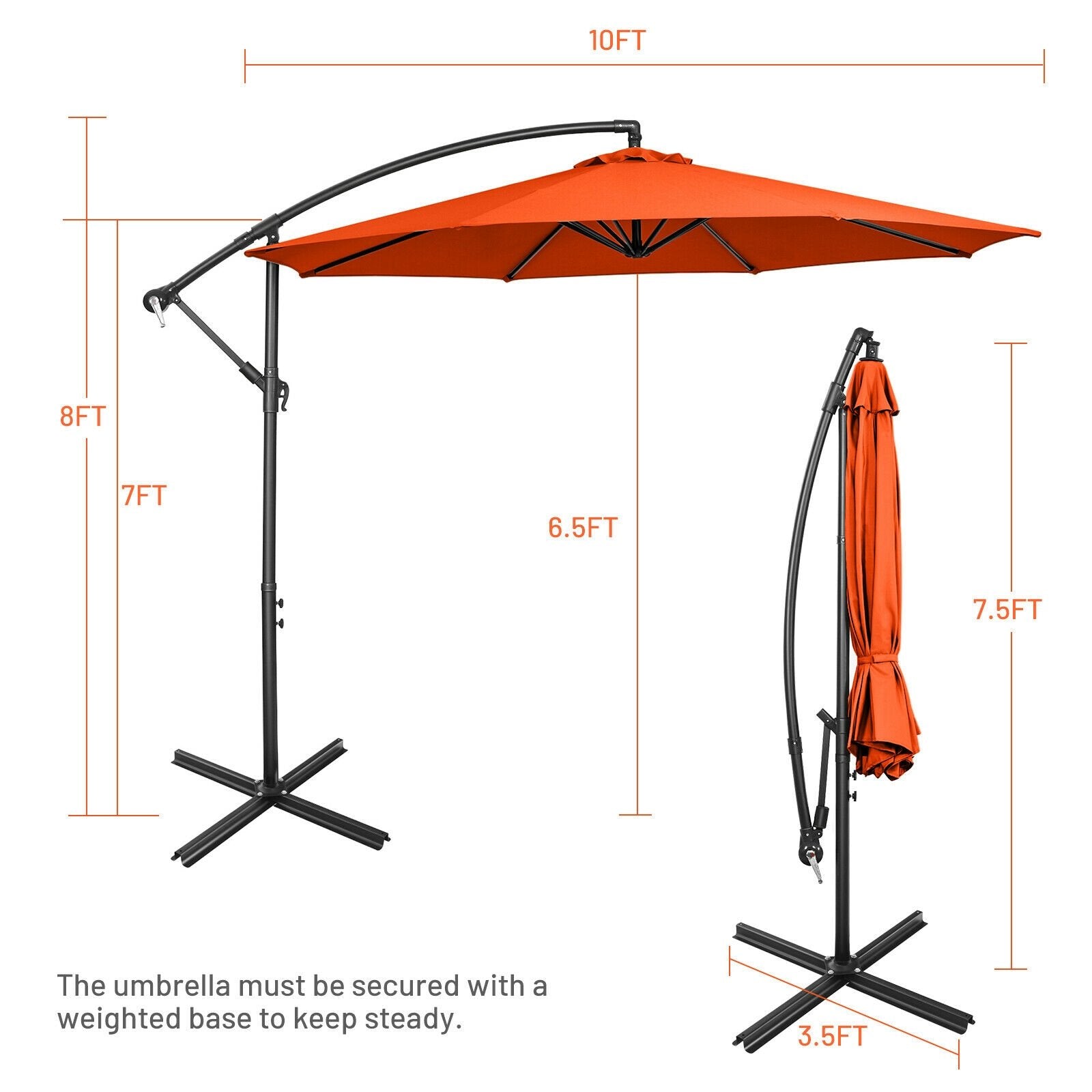 10FT Offset Umbrella with 8 Ribs Cantilever and Cross Base Tilt Adjustment, Orange Outdoor Umbrellas   at Gallery Canada