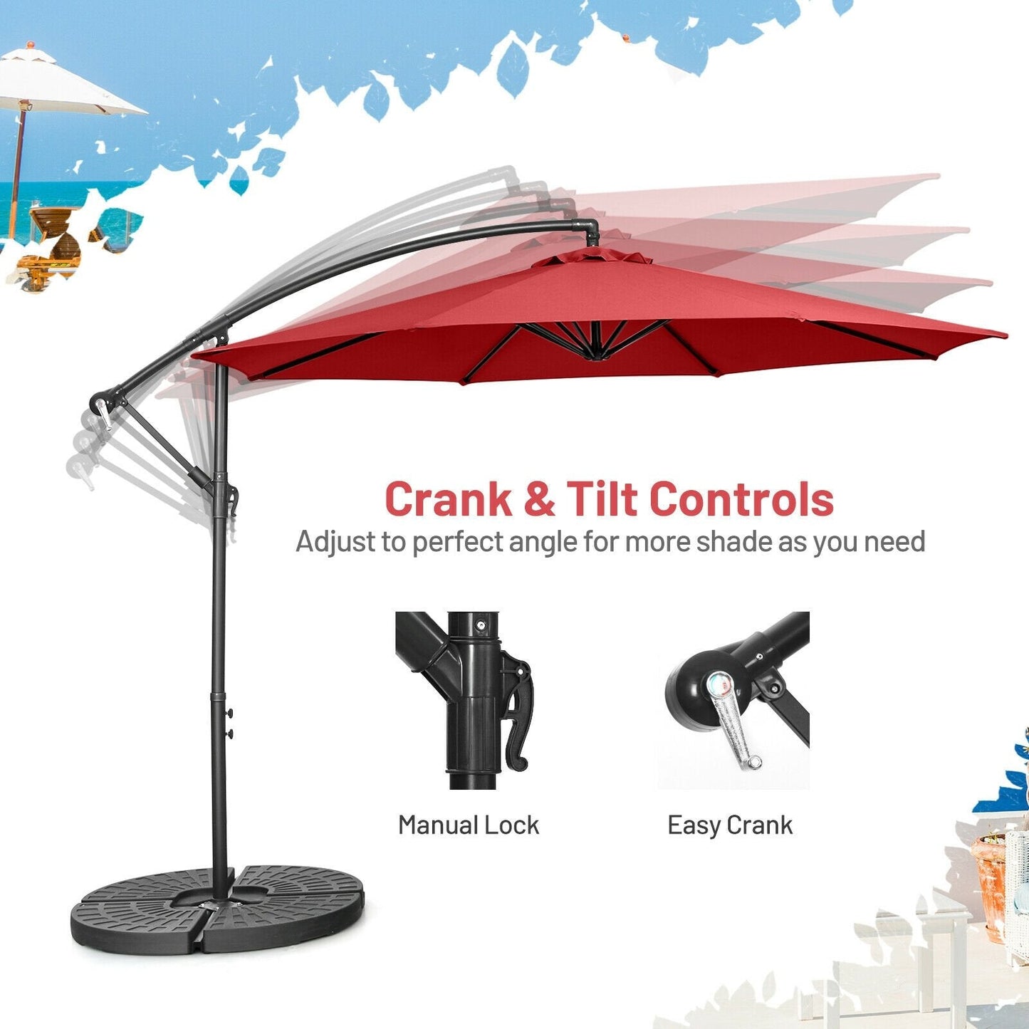 10FT Offset Umbrella with 8 Ribs Cantilever and Cross Base Tilt Adjustment, Red Outdoor Umbrellas   at Gallery Canada