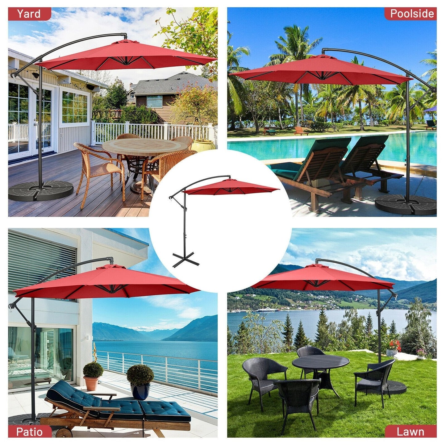 10FT Offset Umbrella with 8 Ribs Cantilever and Cross Base Tilt Adjustment, Red Outdoor Umbrellas   at Gallery Canada