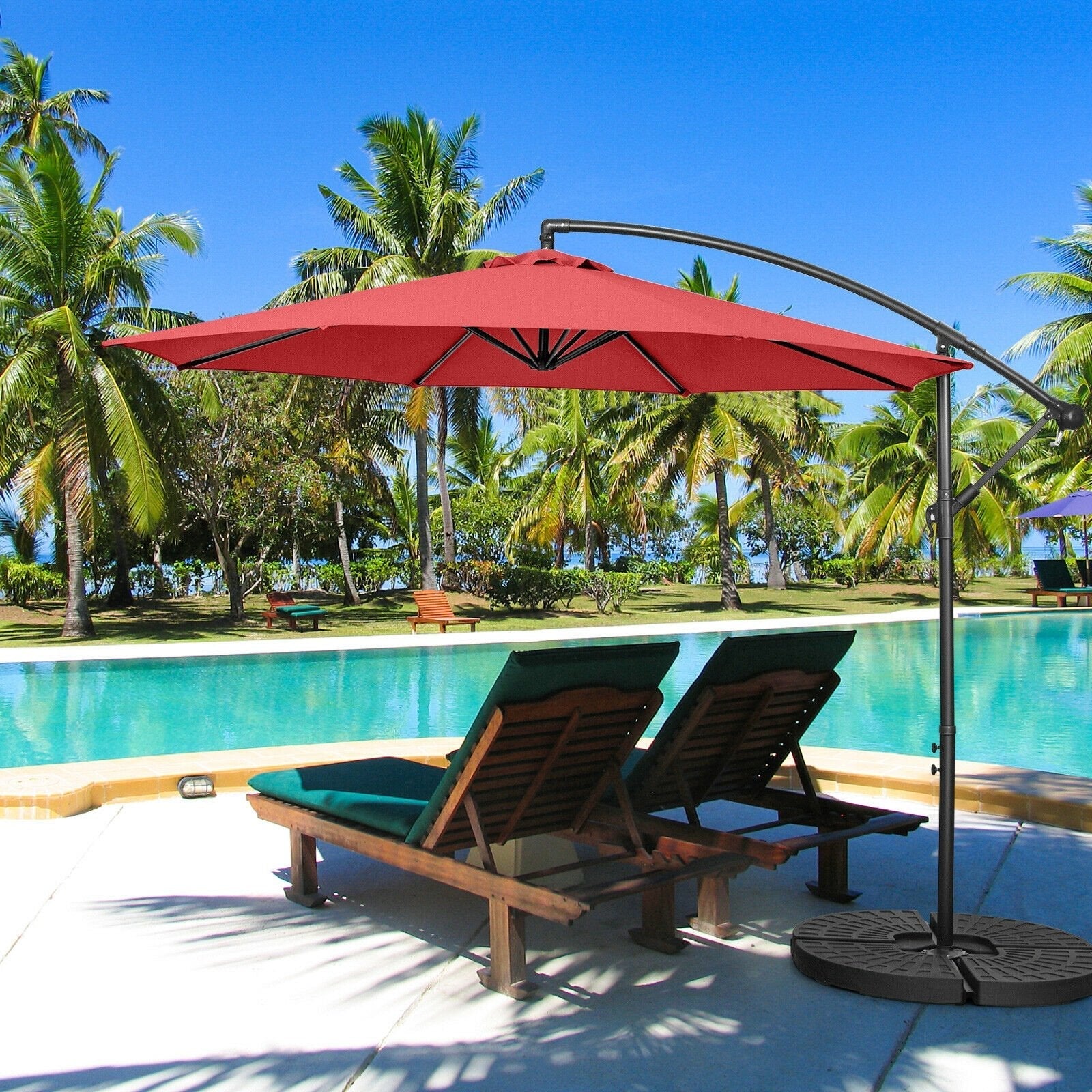 10FT Offset Umbrella with 8 Ribs Cantilever and Cross Base Tilt Adjustment, Red Outdoor Umbrellas   at Gallery Canada