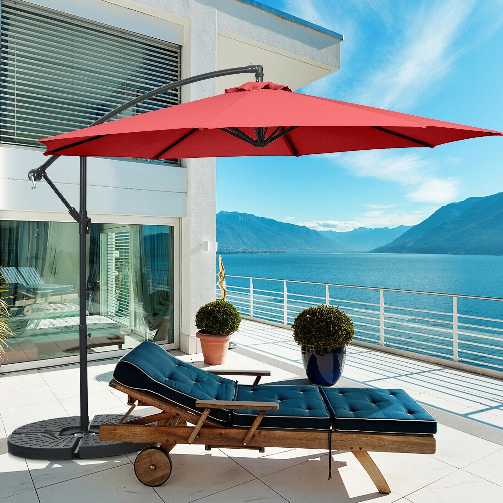 10FT Offset Umbrella with 8 Ribs Cantilever and Cross Base Tilt Adjustment, Red Outdoor Umbrellas   at Gallery Canada