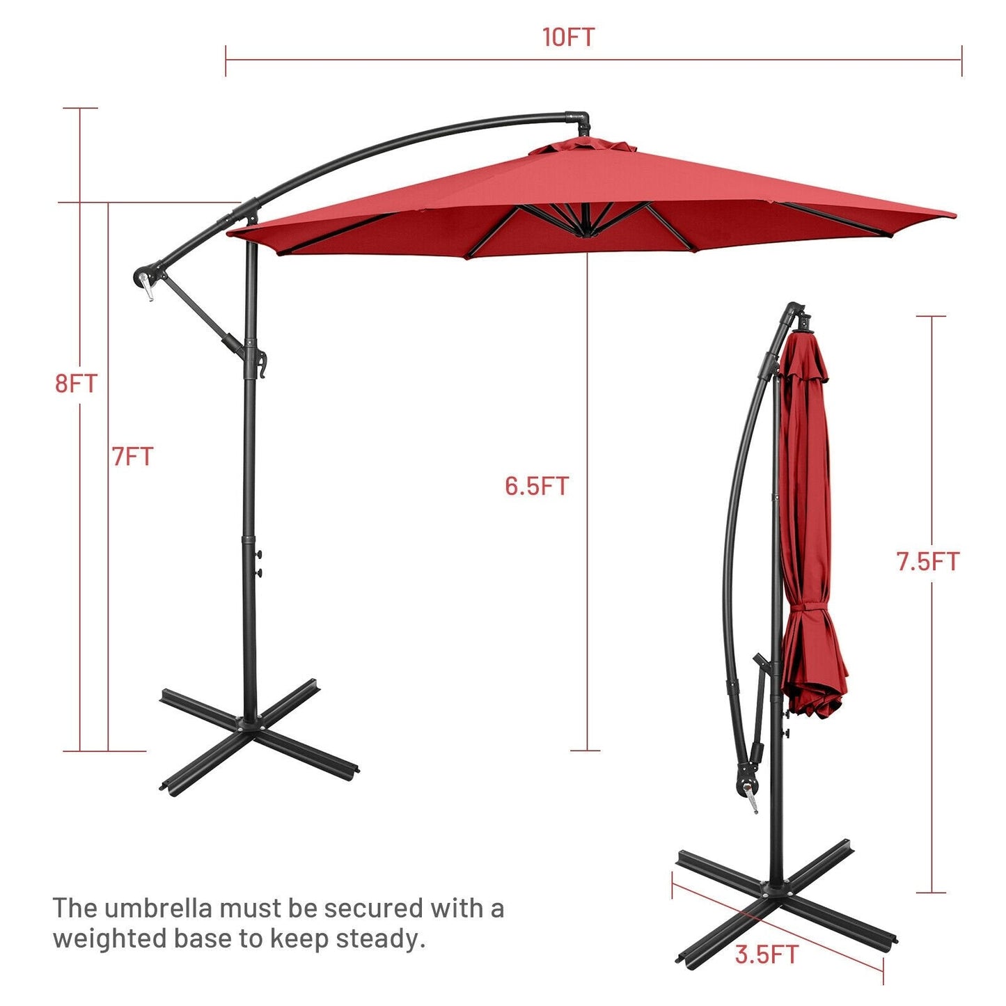 10FT Offset Umbrella with 8 Ribs Cantilever and Cross Base Tilt Adjustment, Red Outdoor Umbrellas   at Gallery Canada