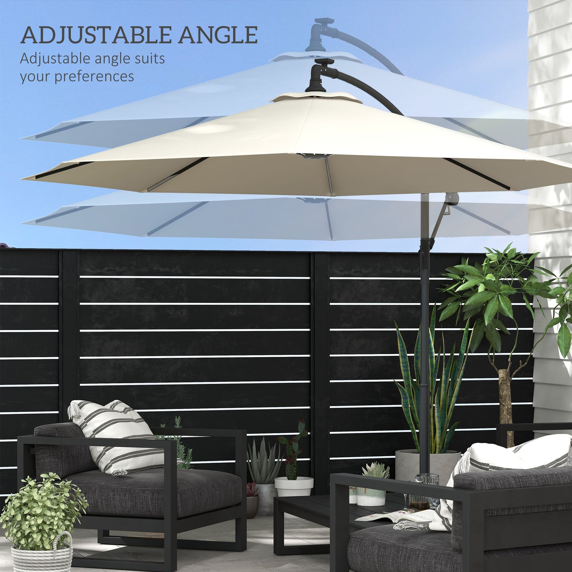 10ft Outdoor Cantilever Hanging Offset Umbrella with Solar LED Lights, Crank, Cross Base, Aluminum Frame, Beige Cantilever Umbrellas   at Gallery Canada