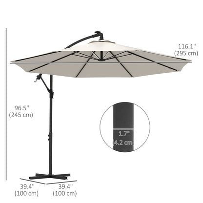 10ft Outdoor Cantilever Hanging Offset Umbrella with Solar LED Lights, Crank, Cross Base, Aluminum Frame, Beige Cantilever Umbrellas   at Gallery Canada