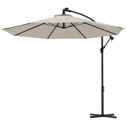 10ft Outdoor Cantilever Hanging Offset Umbrella with Solar LED Lights, Crank, Cross Base, Aluminum Frame, Beige Cantilever Umbrellas   at Gallery Canada