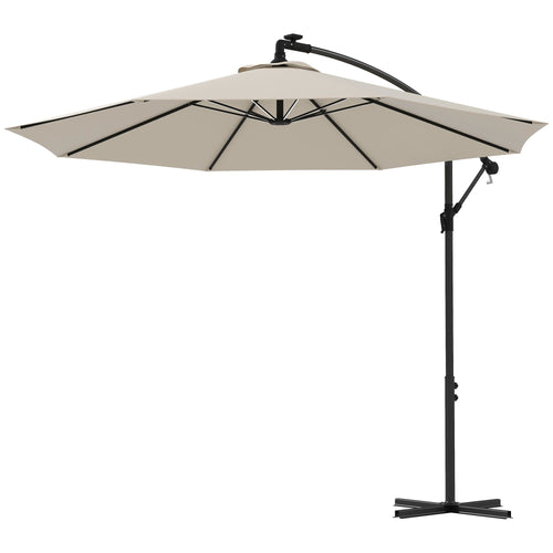 10ft Outdoor Cantilever Hanging Offset Umbrella with Solar LED Lights, Crank, Cross Base, Aluminum Frame, Beige