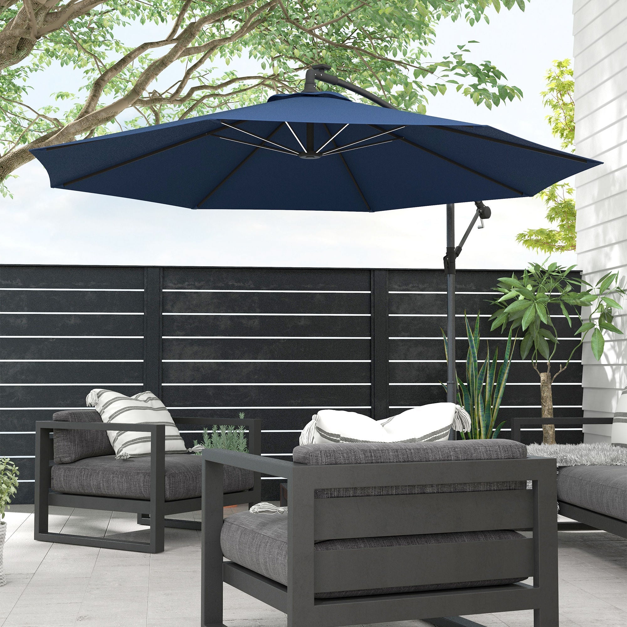 10ft Outdoor Cantilever Hanging Offset Umbrella with Solar LED Lights, Crank, Cross Base, Aluminum Frame, Blue Cantilever Umbrellas   at Gallery Canada