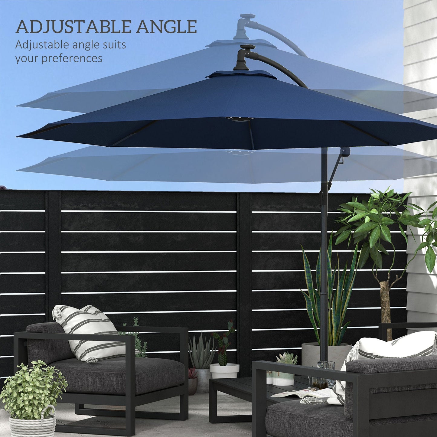 10ft Outdoor Cantilever Hanging Offset Umbrella with Solar LED Lights, Crank, Cross Base, Aluminum Frame, Blue Cantilever Umbrellas   at Gallery Canada