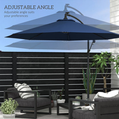 10ft Outdoor Cantilever Hanging Offset Umbrella with Solar LED Lights, Crank, Cross Base, Aluminum Frame, Blue Cantilever Umbrellas   at Gallery Canada