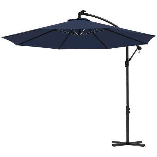 10ft Outdoor Cantilever Hanging Offset Umbrella with Solar LED Lights, Crank, Cross Base, Aluminum Frame, Blue Cantilever Umbrellas   at Gallery Canada