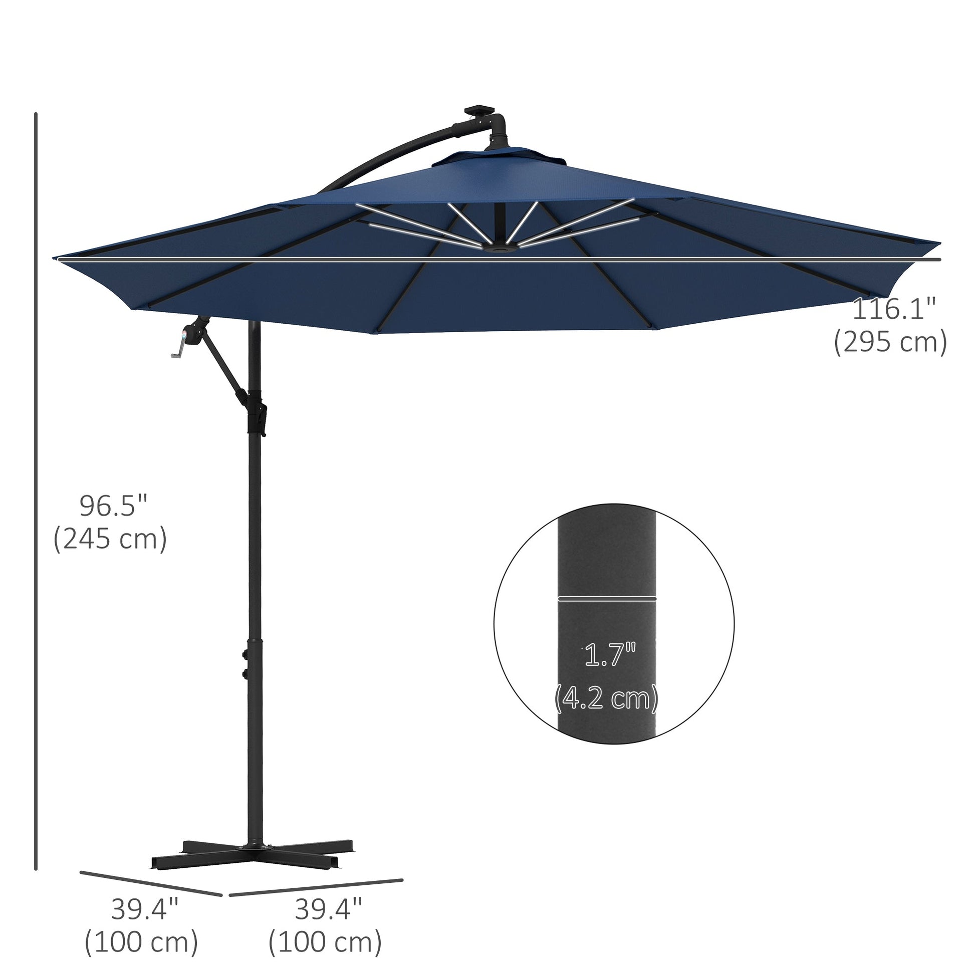 10ft Outdoor Cantilever Hanging Offset Umbrella with Solar LED Lights, Crank, Cross Base, Aluminum Frame, Blue Cantilever Umbrellas   at Gallery Canada