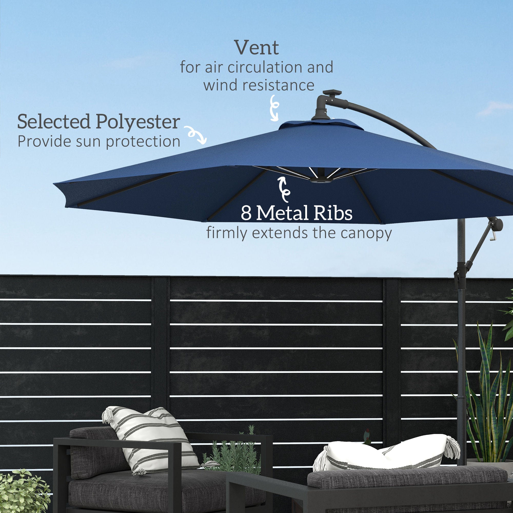 10ft Outdoor Cantilever Hanging Offset Umbrella with Solar LED Lights, Crank, Cross Base, Aluminum Frame, Blue Cantilever Umbrellas   at Gallery Canada