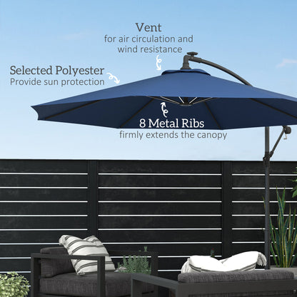 10ft Outdoor Cantilever Hanging Offset Umbrella with Solar LED Lights, Crank, Cross Base, Aluminum Frame, Blue Cantilever Umbrellas   at Gallery Canada