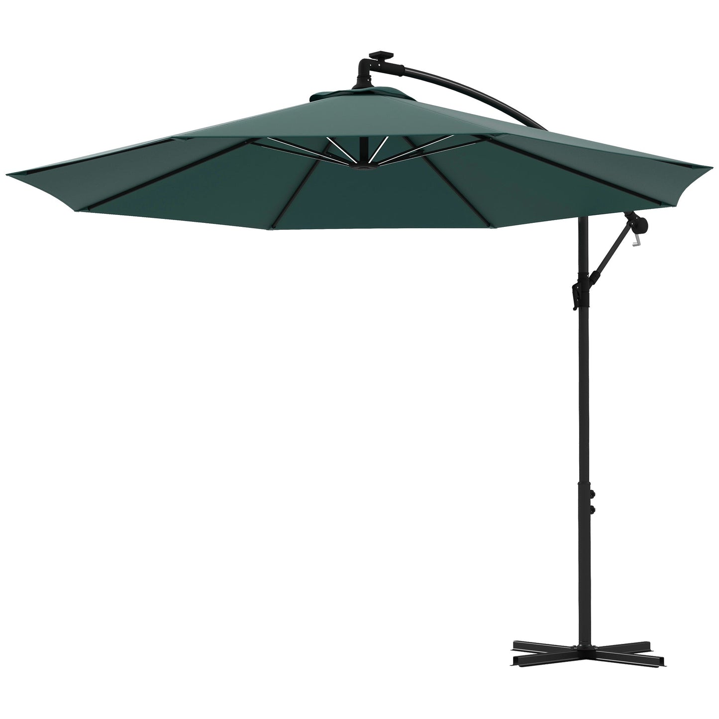 10ft Outdoor Cantilever Hanging Offset Umbrella with Solar LED Lights, Crank, Cross Base, Aluminum Frame, Green Cantilever Umbrellas   at Gallery Canada