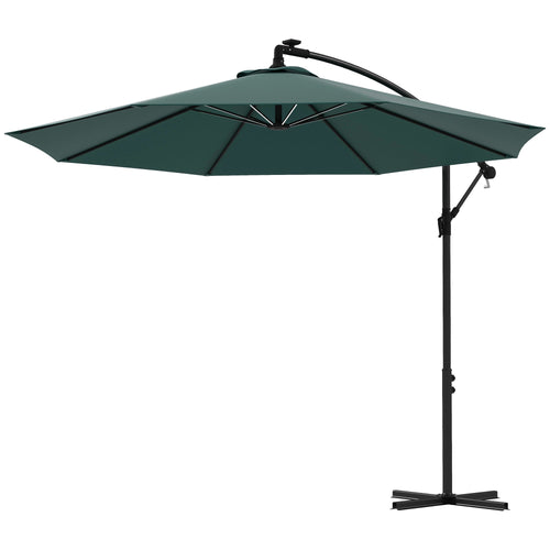 10ft Outdoor Cantilever Hanging Offset Umbrella with Solar LED Lights, Crank, Cross Base, Aluminum Frame, Green