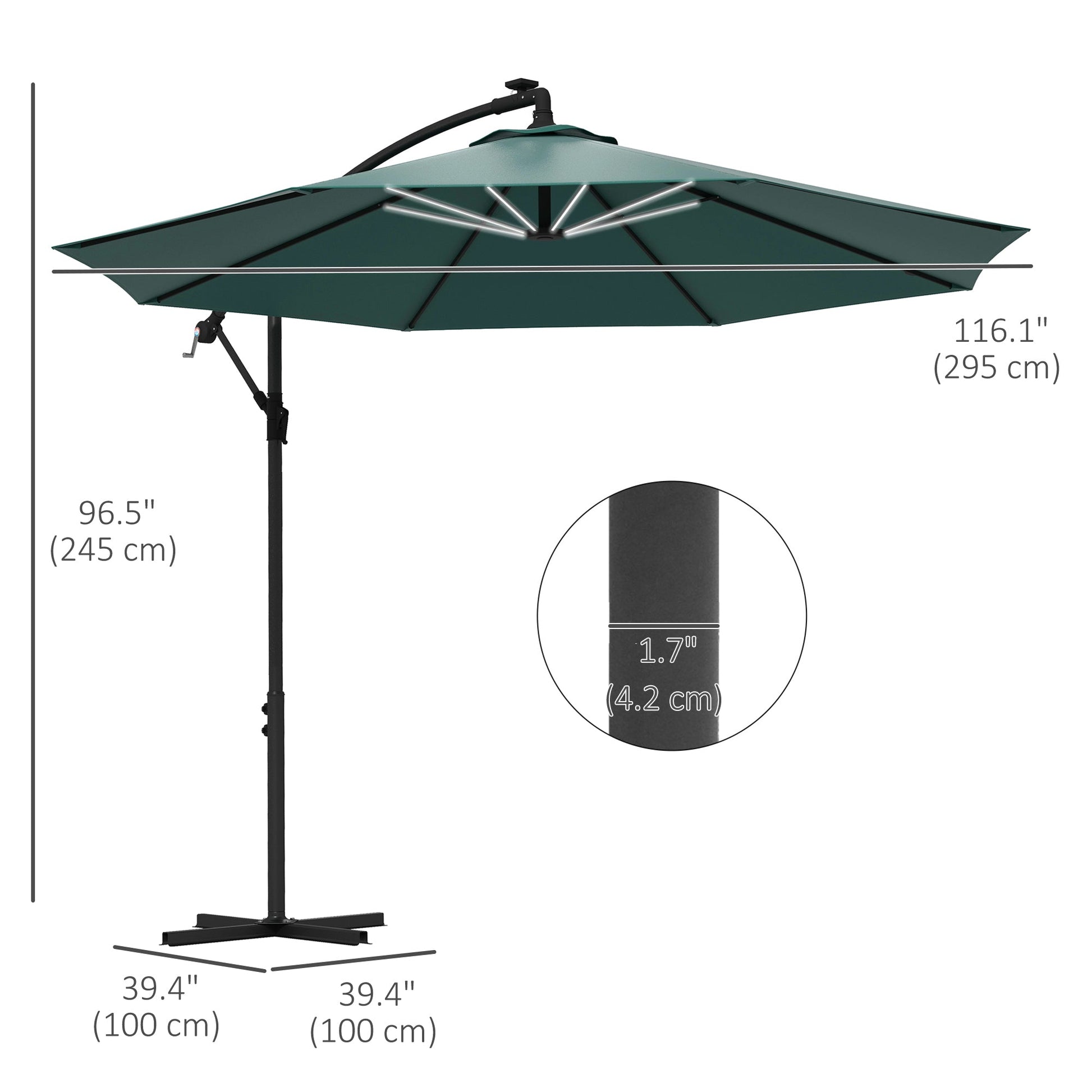 10ft Outdoor Cantilever Hanging Offset Umbrella with Solar LED Lights, Crank, Cross Base, Aluminum Frame, Green Cantilever Umbrellas   at Gallery Canada