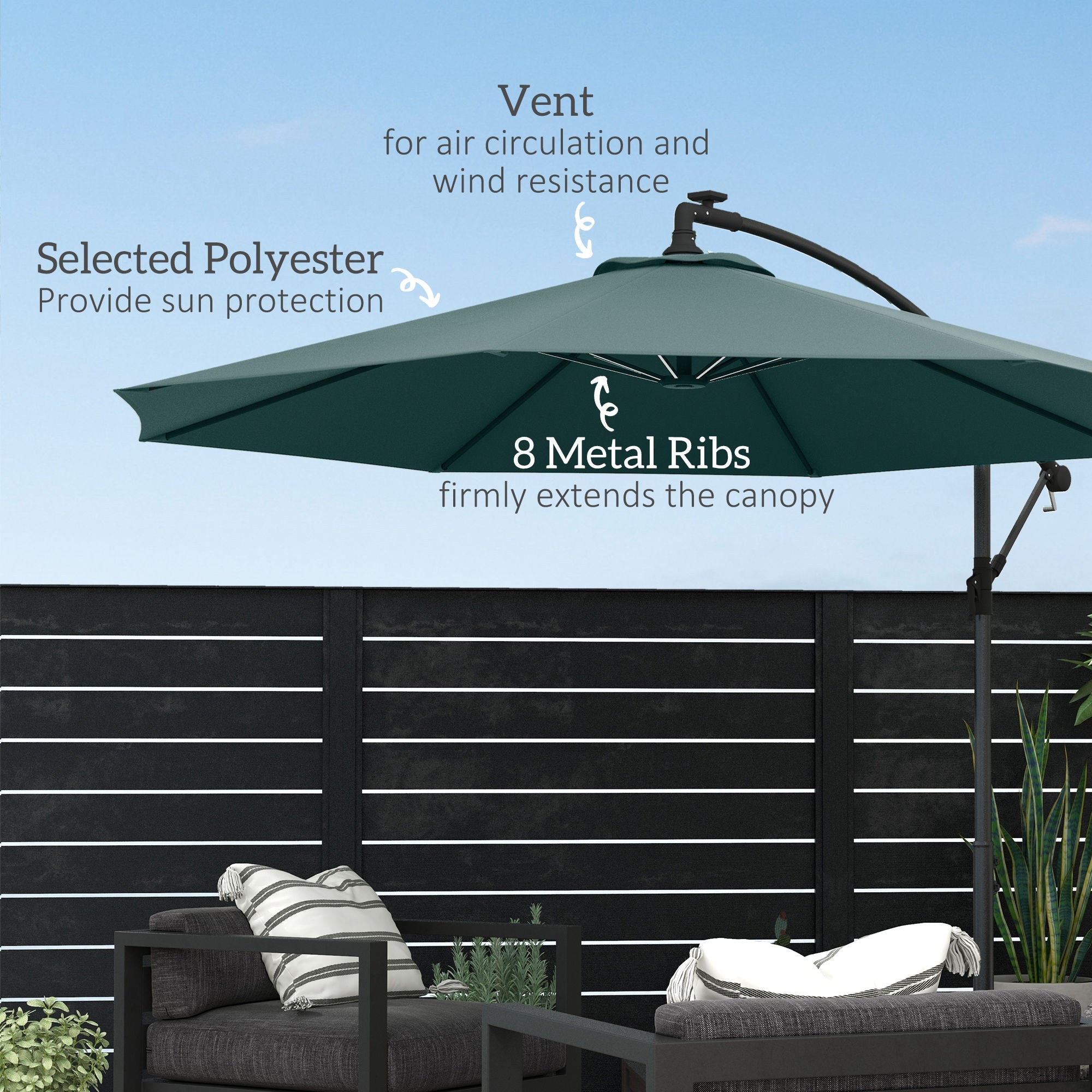 10ft Outdoor Cantilever Hanging Offset Umbrella with Solar LED Lights, Crank, Cross Base, Aluminum Frame, Green Cantilever Umbrellas   at Gallery Canada