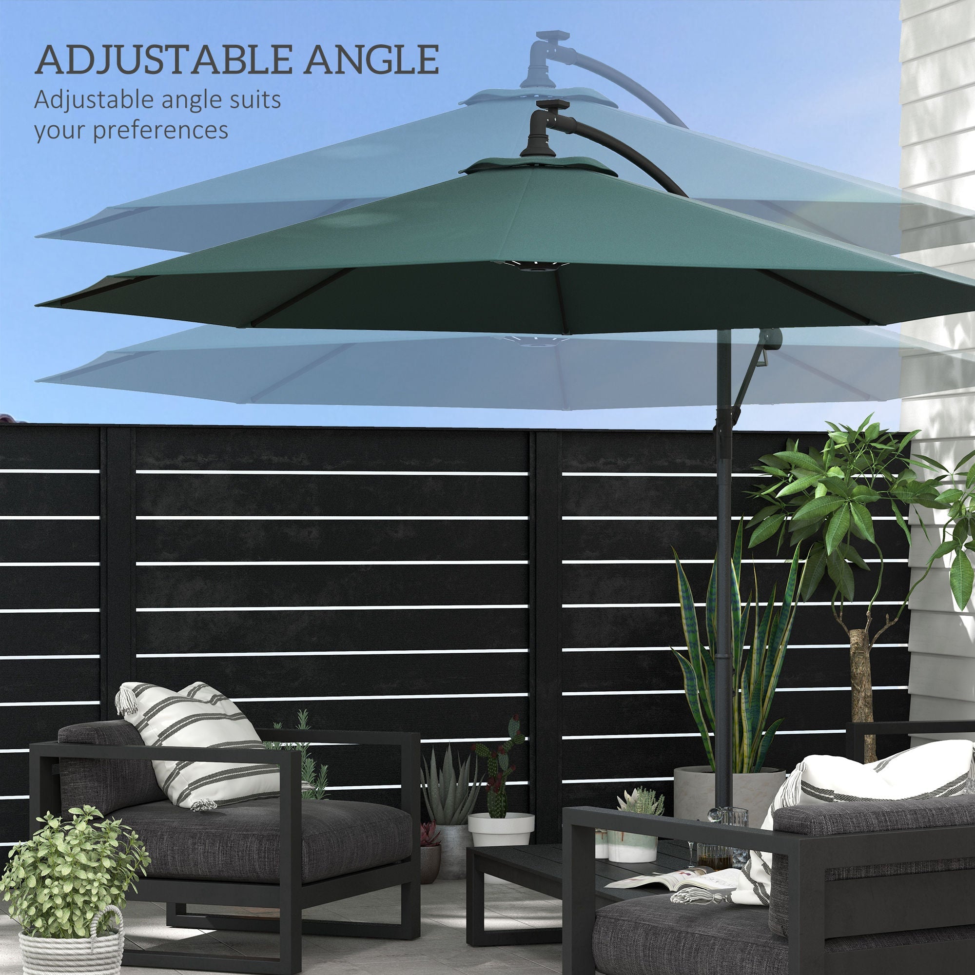 10ft Outdoor Cantilever Hanging Offset Umbrella with Solar LED Lights, Crank, Cross Base, Aluminum Frame, Green Cantilever Umbrellas   at Gallery Canada