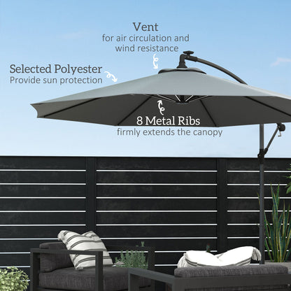 10ft Outdoor Cantilever Hanging Offset Umbrella with Solar LED Lights, Crank, Cross Base, Aluminum Frame, Grey Cantilever Umbrellas   at Gallery Canada