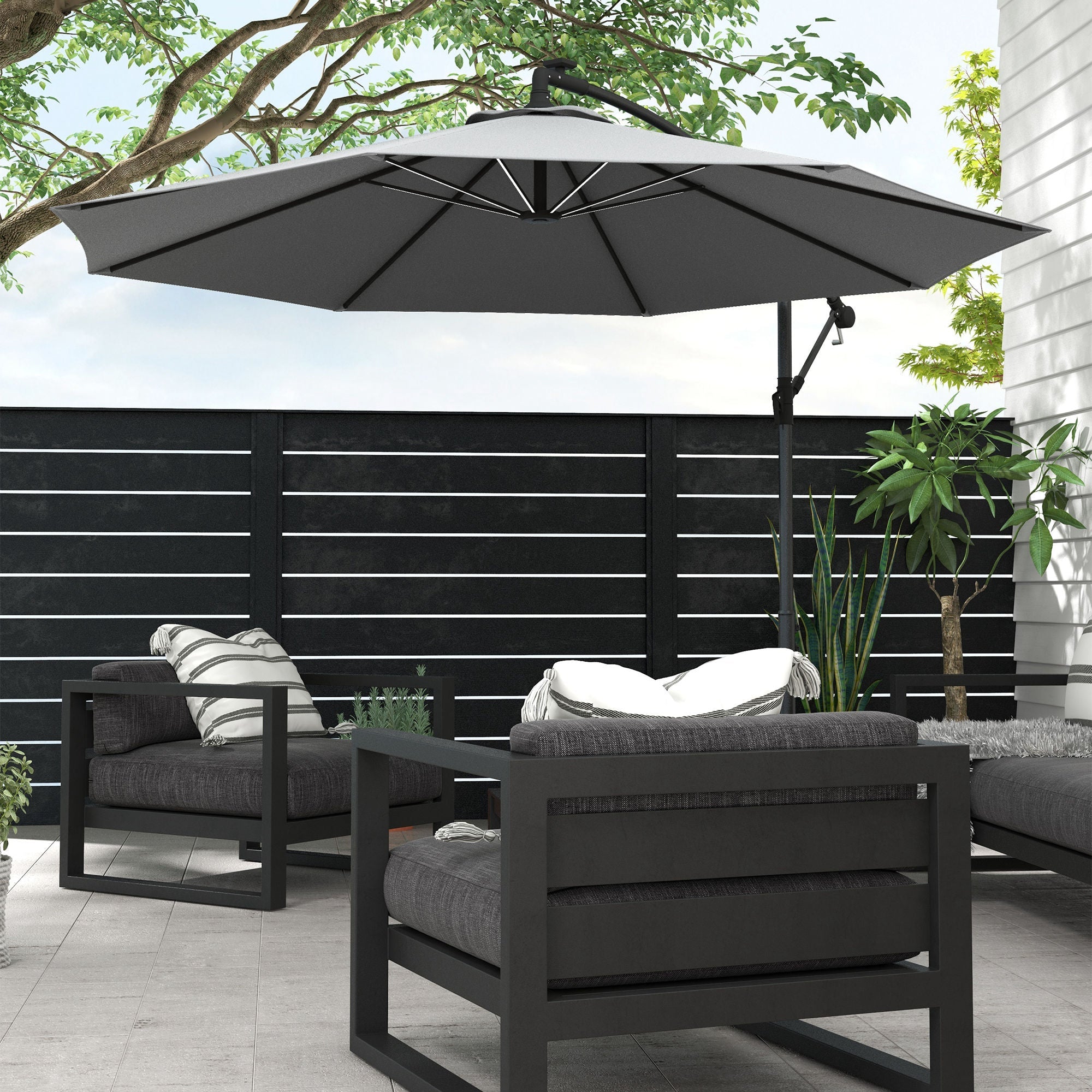 10ft Outdoor Cantilever Hanging Offset Umbrella with Solar LED Lights, Crank, Cross Base, Aluminum Frame, Grey Cantilever Umbrellas   at Gallery Canada