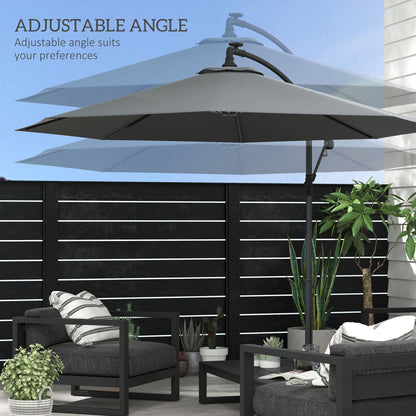 10ft Outdoor Cantilever Hanging Offset Umbrella with Solar LED Lights, Crank, Cross Base, Aluminum Frame, Grey Cantilever Umbrellas   at Gallery Canada